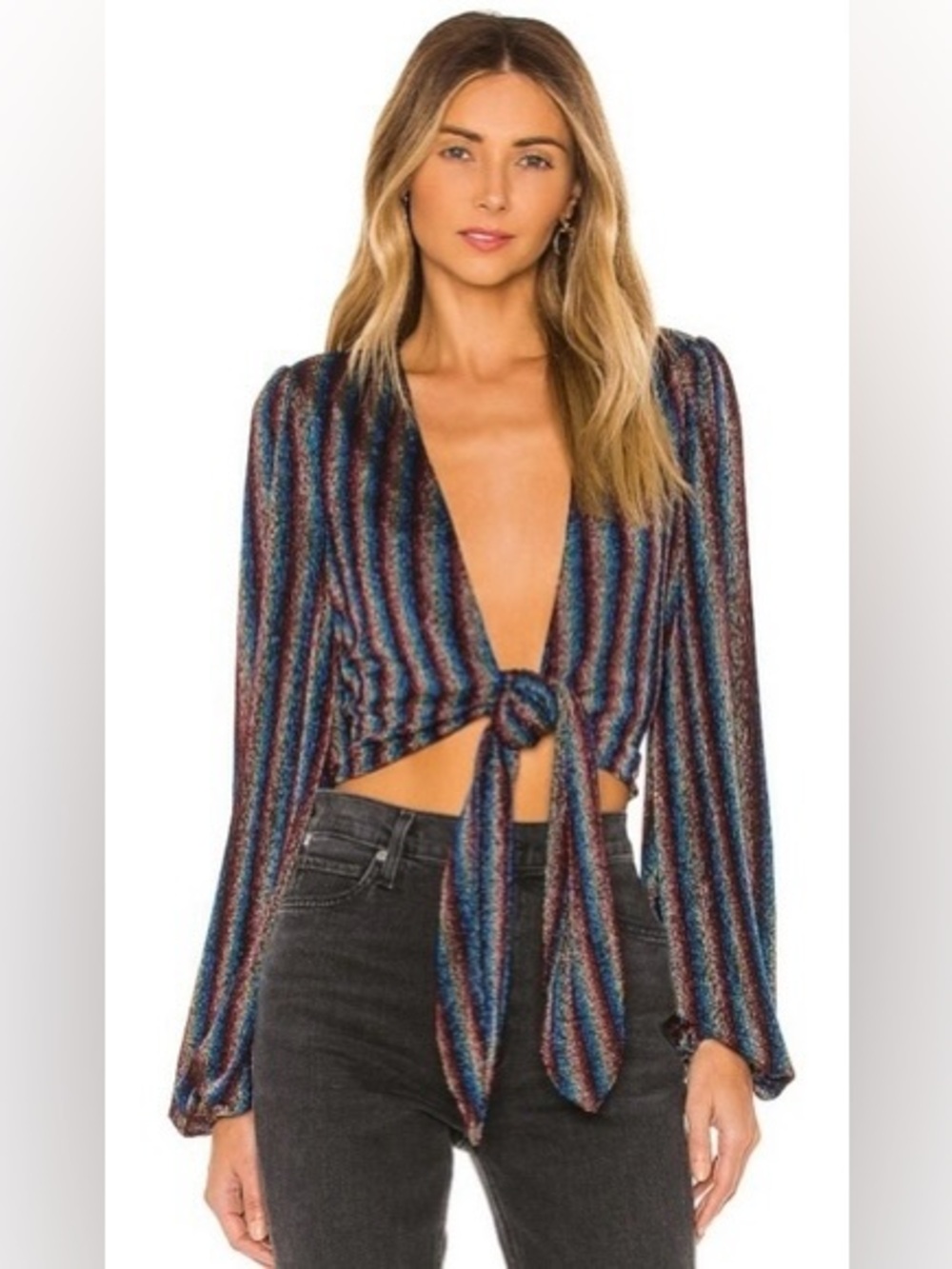 House of Harlow x Revolve Yara Metallic Rainbow Tie Front Balloon Sleeve Top
